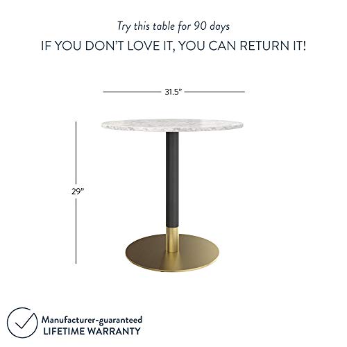 Nathan James Bistro Lucy Small Mid-Century Modern Kitchen Or Dining Table With Faux Carrara Marble Top And Brushed Metal Pedestal Base, Black/Gold 31D X 31.5W X 29H In #TOP1
