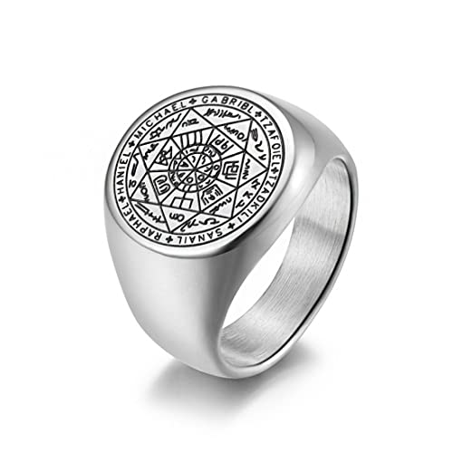 Image of Yellow Chimes Rings for Men Stainless Steel Silver Ring The Seals of The Seven Archangels Protection Band Ring for Men and Boys.