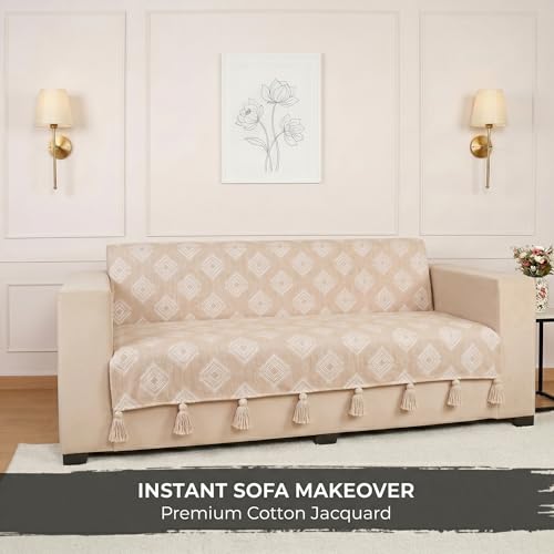 Image of STITCHNEST 'Verdant Rekhika Stories' 2 Seater Sofa Cover | Full Coverage with Armrest Pockets | Elegant Jacquard Fabric, Decorative Tassels, Washable & Durable for Modern Living