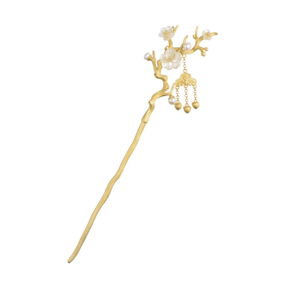 Gioielli per Capelli Cinesi, Forcina for Capelli Vintage con Perle, Bacchette Cinesi in Argento Sterling S925, Bastoncini for Capelli placcati in Oro con Fiori di Cristallo Decorati e Nappa.
