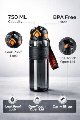 Image of Luvre Sports Water Bottle with Flip Top Lid, Black and Orange, BPA Free Tritan Material, Leak Proof Design with Carry Strap
