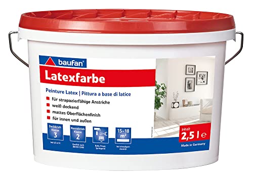 Baufan Latex-Farbe 2.5 Liter | für innen + außen | hochwertige Strapazierfarbe | weiß deckend | frei von Lösungsmitteln, Weichmachern