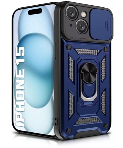 Image of WOW IMAGINE Tough Armor Bumper Mobile Back Case for iPhone 15 | Sliding Camera Shield Cover | Shock Proof 360 Protection | Hybrid PC + TPU | Ring Holder with Kickstand - Blue
