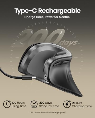 Image of ProtoArc EM11 NL Wireless Ergonomic Vertical Mouse, Rechargeable, Gray | 58 vertical design supports a natural wrist posture, connect 3 devices via Bluetooth /2.4G USB-A, 500mAh USB-C rechargeable.