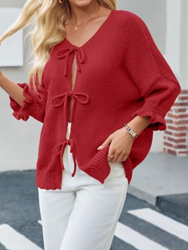 Image of Saodimallsu Womens Tie Front Bow Cardigan Sweaters Lightweight Knit Ruffle Half Sleeve 2025 Trendy Jacket