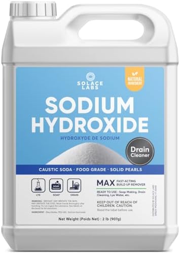 Drain Clean: Sodium Hydroxide by Solace Labs, Concentrated , Food Grade | Caustic Soda, Lye | All Purpose Soap Making, Cleaner, Drain Cleaner | Fine Granules (2lb (907g))