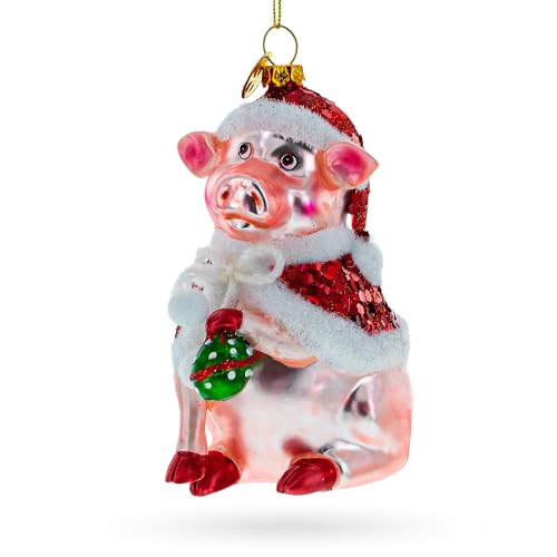 Pig in Santa Outfit Glass Christmas Ornament