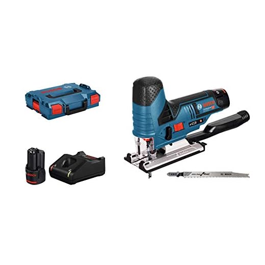 Bosch Professional 12V System sladdlös sticksåg GST 12V-70 (sågdjup i trä: 70 mm, med 2x sågklinga, glidsko, splitterskydd, 2x 3,0 Ah-batterier och laddare, i L-BOXX)