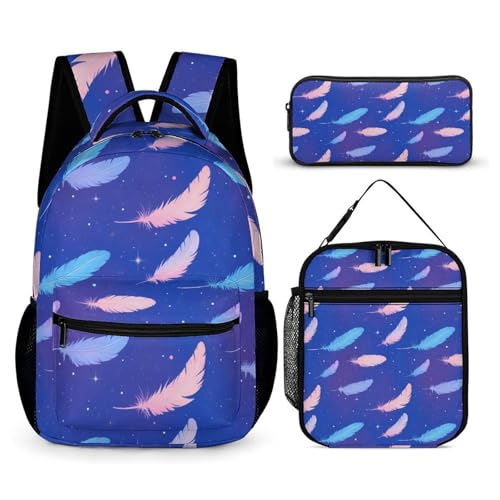 Flying Feathers Funny Backpack Sets Lightweight 3Pcs Daypack Set with Lunch Box And Pencil Case for Women Men