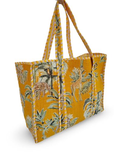 Image of Cotton Tiger Block Print Tote Bag, Indian Handmade Shopping Shoulder Bag, Unisex Market Daily Use