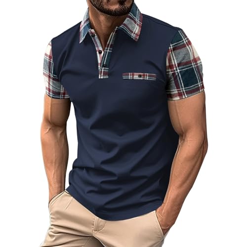 mimii Fashion Casual Men's Three Printed Short Sleeved Shirt (Navy, L)