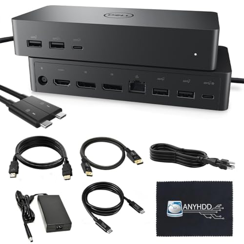 UD22 Dell Docking Station Dual Monitor Bundle - USB-C/USB-A Universal Dell Dock for Laptops Comes with 130W Adapter + Anyhdd HDMI, DisplayPort, USB-C Cables & Cloth - Supports Dual/Triple/4 Monitors