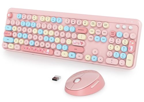 Image of Fogruaden Pink Keyboard and Mouse Wireless, Retro Typewriter Keyboard, 2.4GHz 104 Keys Full Size Cute Keyboard with Number Pad, Pink Colorful Keyboard with Retro Round Keycaps for Windows PC Laptop