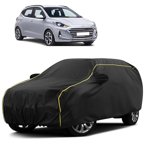 Image of Sulfar 100% Water Resistant Car Body Cover Compatible with Mirror for Hyundai Grand i10 Nios (Triple Stitched, Full Bottom Elastic, Black Taffeta with Yellow Piping)