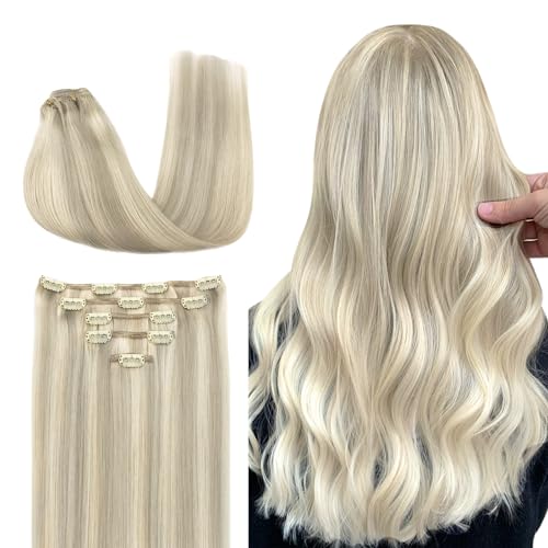 Image of DOORES Hair Extensions Real Human Hair, 5pcs 80g Ash Blonde Highlighted Platinum Blonde 18 Inch, Clip in Hair Extensions Remy Silky Straight Hair Weft Clip ins