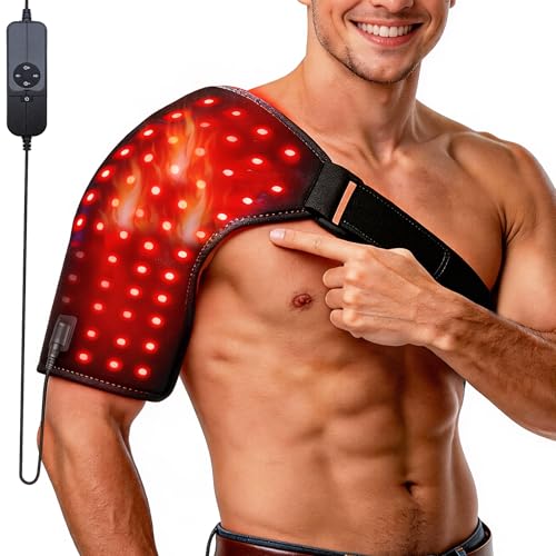 Weltallina Red Light Therapy Shoulder Wrap with Heating, 110 LEDs 660nm & 850nm Infrared Light Belt, Timer & Pulse Modes, for Pain Relief & Muscle Recovery, Black, Wired