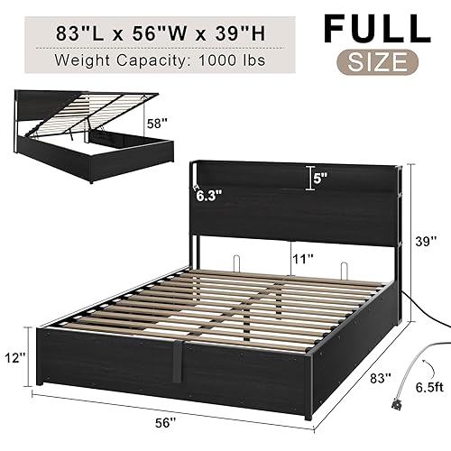 Image of AMERLIFE Full Size Lift Up Storage Bed Frame, Wooden Platform Bed Frame with Lifting Storage & Charging Station, No Spring Box Needed /Noise Free, Black