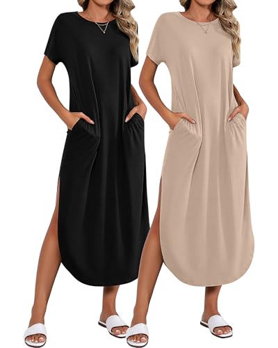 Image of Riyiper 2 Pieces Women's Short Sleeve Maxi Dress Round Neck Casual Loose Split Long Summer Beach Shirt Dress with Pockets