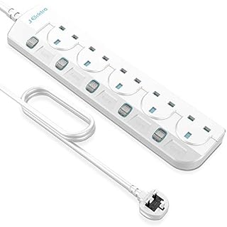 Extension Lead, J Elektro 3M Extension Lead with Switches, 5 Way Outlets Multi Plug Socket Wall Mountable - White