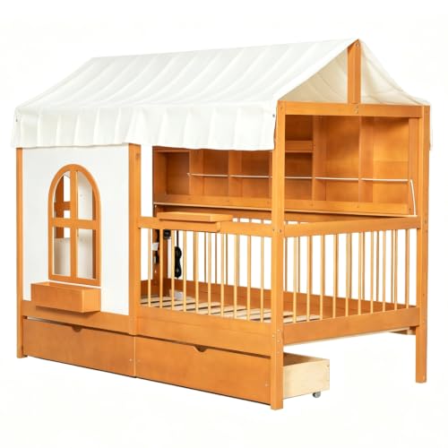 Image of House Bed with Tent and Bookshelf, 2 Drawers, USB Charging