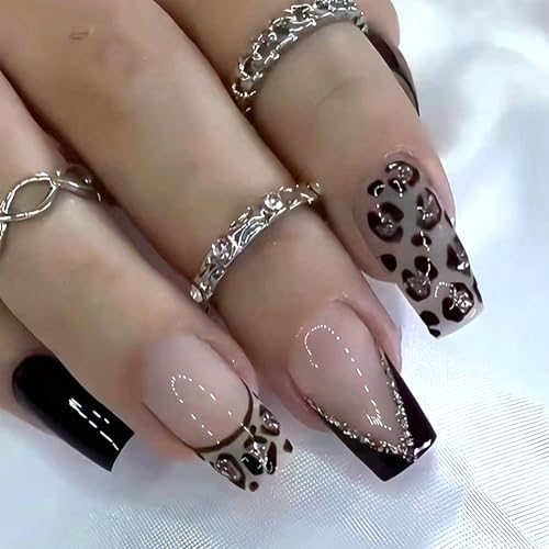 SINHOT Press on Nails - Short Square Fake Nails, Glossy Finish, Black French Tip & Cheetah, DIY Artificial False Nail Art - 24 Pcs Nail Kit with Glue