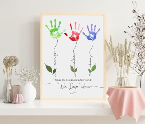 KORAFINA Gifts For Mom Personalized Mom Handprint Gift For Mother's Day Or Birthday Flower Handprint Craft For Kids Grandma Mothers Day Canvas Wall Art