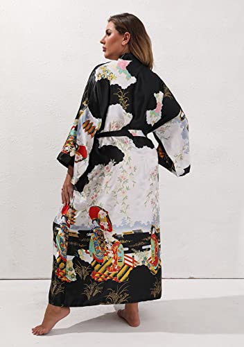 Feslieacc Women's Long Satin Robes Plus Size Silky Robes Japanese Kimono Robes Black Satin Robes Long Silk Robes Wrap Robes, Black, 2Xl/3Xl #TOP4