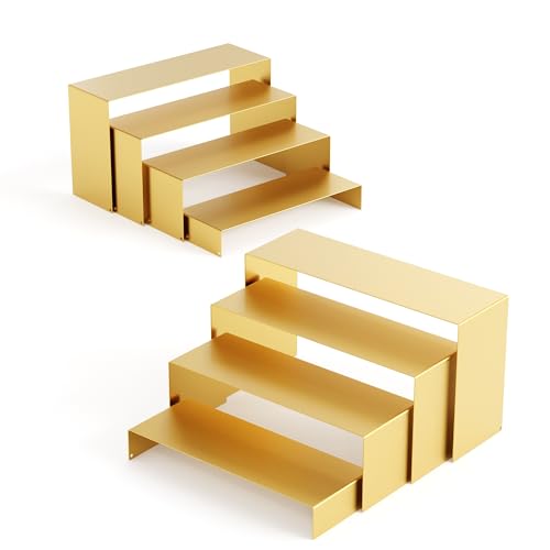 NEETBU Gold Matte Metal Display Stand 8 Pcs 2 Set Display Risers Metal Rectangular Display Shelf Holders for Showcase Dessert Perfume Vendor Events Cupcake Stands Toys Display Shelves ( 8Pcs-Gold 7L~8L~9L )