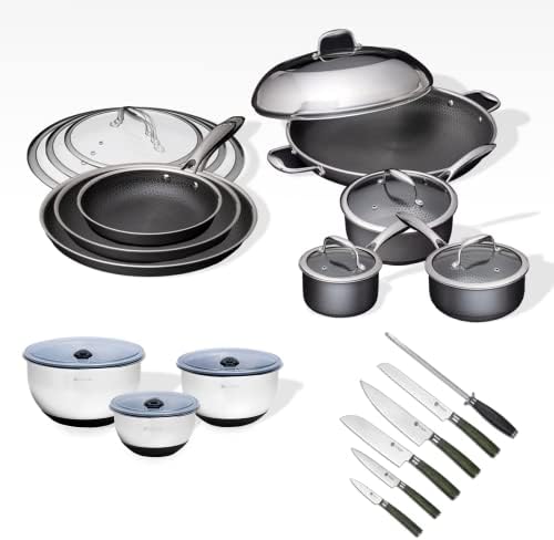 HexClad 23 Piece Hybrid Stainless Steel Cookware Set - 6 Piece Fry Pan Set, 6 Piece Pot Set, 6 Piece Essential Knives, 14 Inch Wok, and Mixing Bowls, Stay Cool Handles