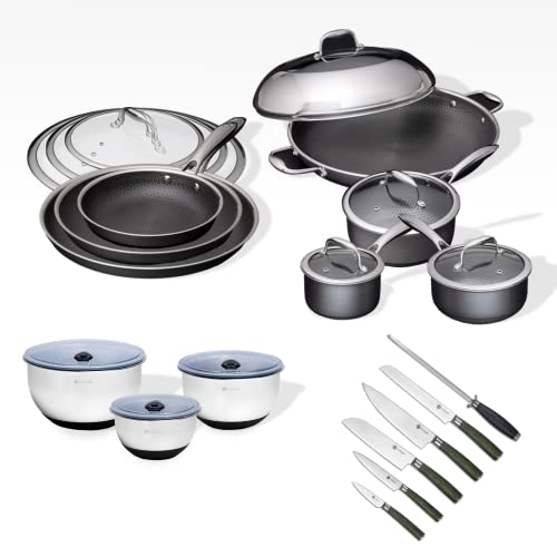 Hexclad 23 Piece Hybrid Stainless Steel Cookware Set - 6 Piece Fry Pan Set, 6 Piece Pot Set, 6 Piece Essential Knives, 14 Inch Wok, And Mixing Bowls, Stay Cool Handles #TOP6