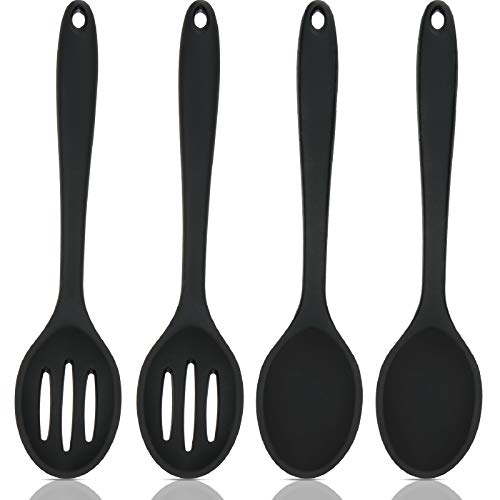 Boao 4 Pcs Silicone Cooking Spoons Set Silicone Serving Spoon Silicone Nonstick Mixing Spoons Slotted Spoons Large Nonstick Heat Resistant Spoons for Kitchen Cooking Bake Stir (Black)