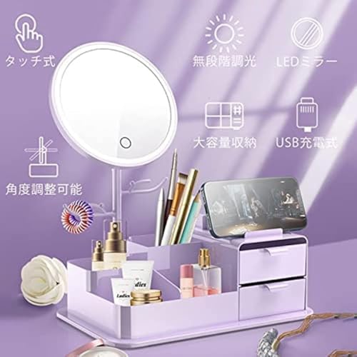 ミニドレッサー LEDライトミラー 化粧品収納 USB充電 タッチ式 卓上鏡角度調整可能 3色変光 無段階調光 5倍拡大鏡付き 女の