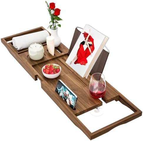 Premium Teak Bath Tray Caddy, Expandable Wooden Bath Trays for Across The Bath, Luxury Bathtub & Bathroom Accessories, Great House Warming, Anniversary & Wedding and Birthday Gifts