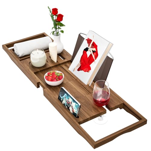 Premium Teak Bath Tray Caddy, Expandable Wooden Bath Trays for Across The Bath, Luxury Bathtub & Bathroom Accessories, Great House Warming, Anniversary & Wedding and Birthday Gifts
