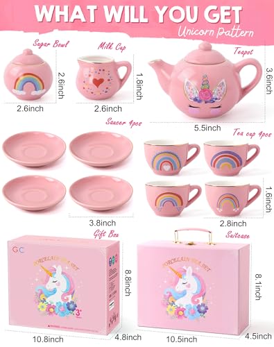 Porcelain Unicorn Tea Party Set for Little Girls Kids Toddlers, 13Pcs Ceramic Tea Set - Tea Pot Cups & Saucers & Carrying Case, Pretend Play Toys - Christmas Birthday Gift for Girls (Pink) - Image 4