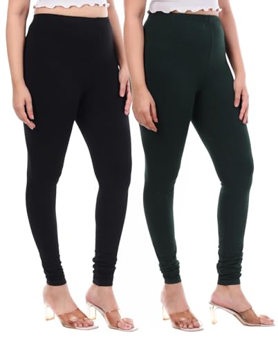Image of TPF Women Solid Cotton Lycra 4 Way Stretchable Leggings | Combo Pack of 2 Comfortable Churidar-Length Slim Fit Leggings for Women & Girls