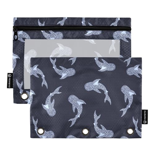 Fisyme Sea Whale Sharks Pencil Pouch for 3 Ring Binder Pencils Case Bag Zipper Pouch with Clear Window for Office 2 Pack