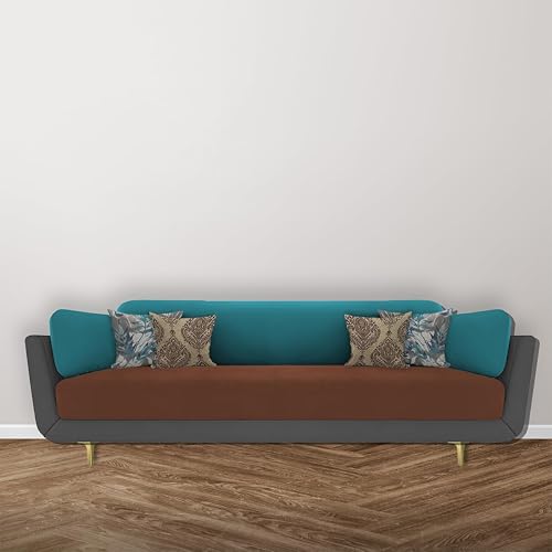 Image of Black Wood Modern Mid Century Velvet 3 Seater Sofa with Three Colour Shade with Extended Warranty for Bedroom, Living Room, Dining Room (Grey Brown Turquoise, 3 Seater)