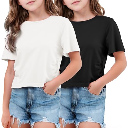 Flygo 2 Pack Crop Tops for Girls Cute Ruched Cotton T-Shirts Short Sleeve Tee Shirts Summer Crewneck Basic Tshirt 7-14 Years