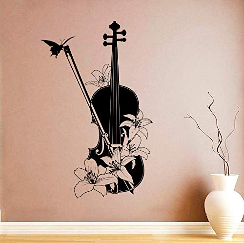 Instruments De Musique Vinyle Sticker Mural Violon Stickers Muraux Décor À La Maison Violon Avec Fleurs Peinture Murale Instrument De Musique Affiche Murale 42 * 67Cm