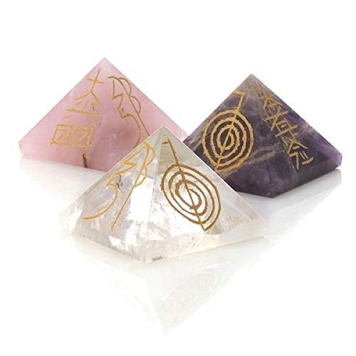 ASTROGHARAstroghar Clear Quartz, Rose Quartz and Amethyst 4 Reiki Symbol Engraved 26 Mm Pyramids Set