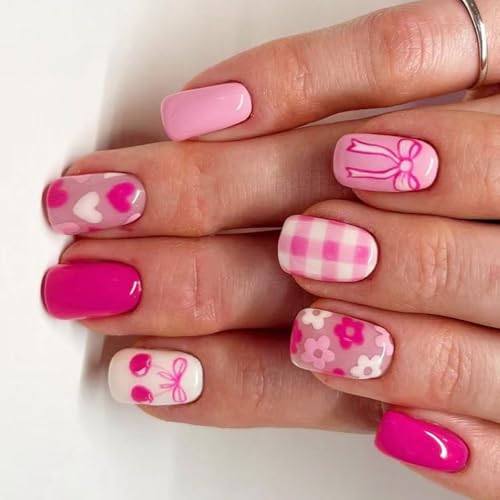 24 uñas postizas brillantes de cobertura completa con flores, uñas acrílicas de corazón dulce, uñas acrílicas medianas cuadradas a presión
