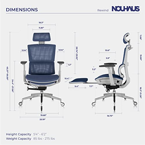 Image of Nouhaus Rewind Ergonomic Office Chair with Footrest and Lumbar Support. Swivel Computer Chair, Rolling Home Office Desk Chairs with Wheels, Mesh High Back Task Chair, Comfortable Office Chair (Navy)