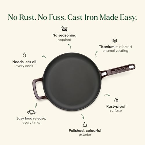 Image of Ember Cookware TitaniumClad Enamel Cast Iron Tawa for Dosa 27 cm | 10-Year Warranty | Rust-Proof Cast Iron Tawa for Roti & Dosa | Non Stick Dosa Tawa | Heavy Duty Induction Cookware | Wine