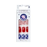 Kiss Impress No Glue Mani Press On Nails, Design, 'Stateside', Multicolor, Medium Size, Squoval Shape, Includes 30 Nails, Prep Pad, Instructions Sheet, 1 Manicure Stick, 1 Mini File