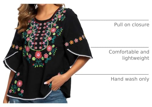 Image of Mexican Shirts Peasant Blouses for Women Cotton Embroidered Blouses Fiesta Summer Bohemian Shirts 3 /4 Sleeves