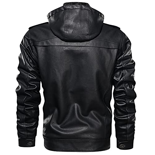 Men'S Retro Detachable Hat Bomber Leather Jacket With Velvet And Zipper Pocket Splicing Coat2