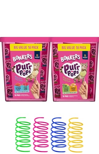 Bonkers Purrpops Freeze-Dried Cat Treats 2-18 Pack Variety Bundle with Salmon & Tuna Catnip & Chicken Flavors Plus 4 Cat Spring Toys