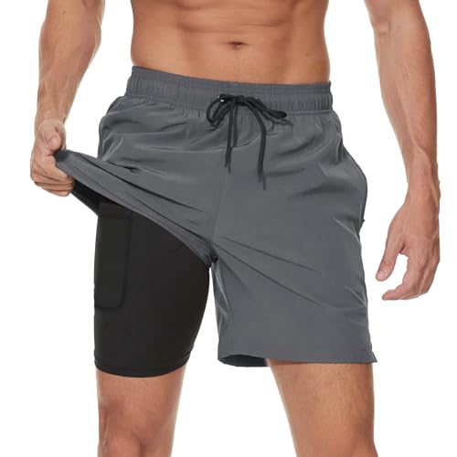 Arcweg Mens Swim Trunks with Compression Liner 2 in 1 Beach Swimming Trunks Quick Dry Swim Shorts with Zipper Pockets L