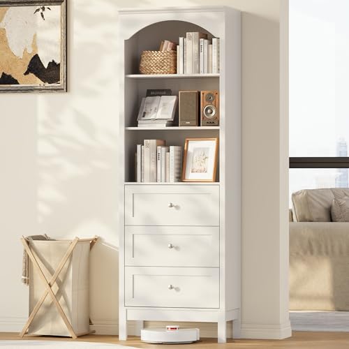 Image of 71 inch H Tall Bookshelf with Drawers, Farmhouse Book Shelf with 3-Tier Open Shelves, Wooden Bookcase with Storage Drawers, Freestanding Bookshelves for Bedroom, Living Room, White